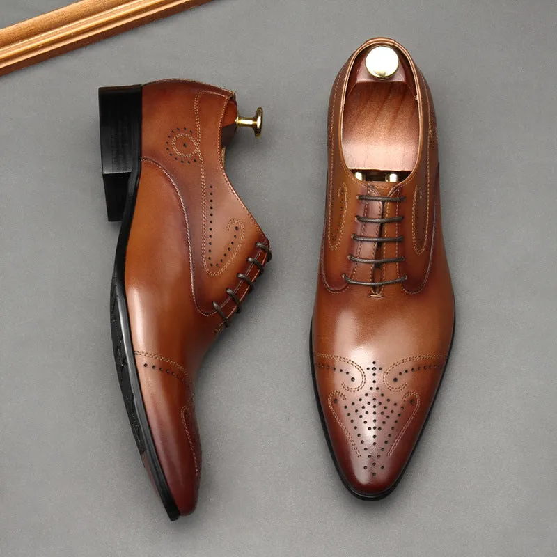 👞 Pointed Toe Brogue Dress Shoes – Carved Leather Formal Shoes for Men