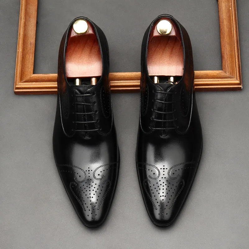 👞 Pointed Toe Brogue Dress Shoes – Carved Leather Formal Shoes for Men