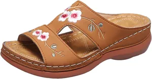 2025 Arch Support Sandals for Women Fashion Cute Flower Embroidery Slip-On Vacation Slippers Comfortable Dressy Party Dance Wedge Heel Walking Footwear Summer Breathable Open Toe Orthopedic Shoe