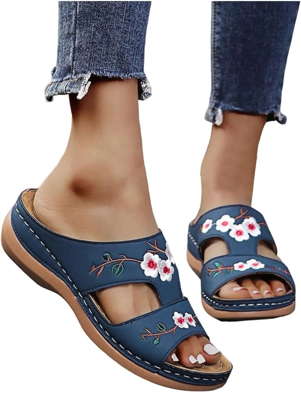 2025 Arch Support Sandals for Women Fashion Cute Flower Embroidery Slip-On Vacation Slippers Comfortable Dressy Party Dance Wedge Heel Walking Footwear Summer Breathable Open Toe Orthopedic Shoe