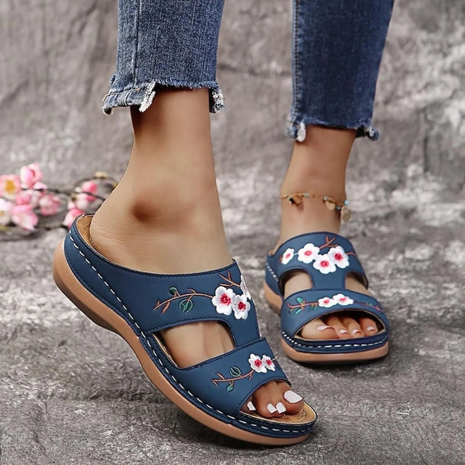 2025 Arch Support Sandals for Women Fashion Cute Flower Embroidery Slip-On Vacation Slippers Comfortable Dressy Party Dance Wedge Heel Walking Footwear Summer Breathable Open Toe Orthopedic Shoe