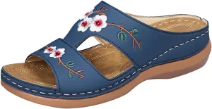 2025 Arch Support Sandals for Women Fashion Cute Flower Embroidery Slip-On Vacation Slippers Comfortable Dressy Party Dance Wedge Heel Walking Footwear Summer Breathable Open Toe Orthopedic Shoe