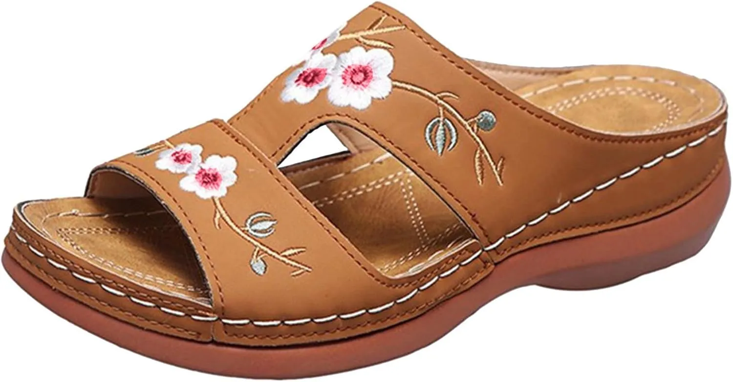 2025 Arch Support Sandals for Women Fashion Cute Flower Embroidery Slip-On Vacation Slippers Comfortable Dressy Party Dance Wedge Heel Walking Footwear Summer Breathable Open Toe Orthopedic Shoe