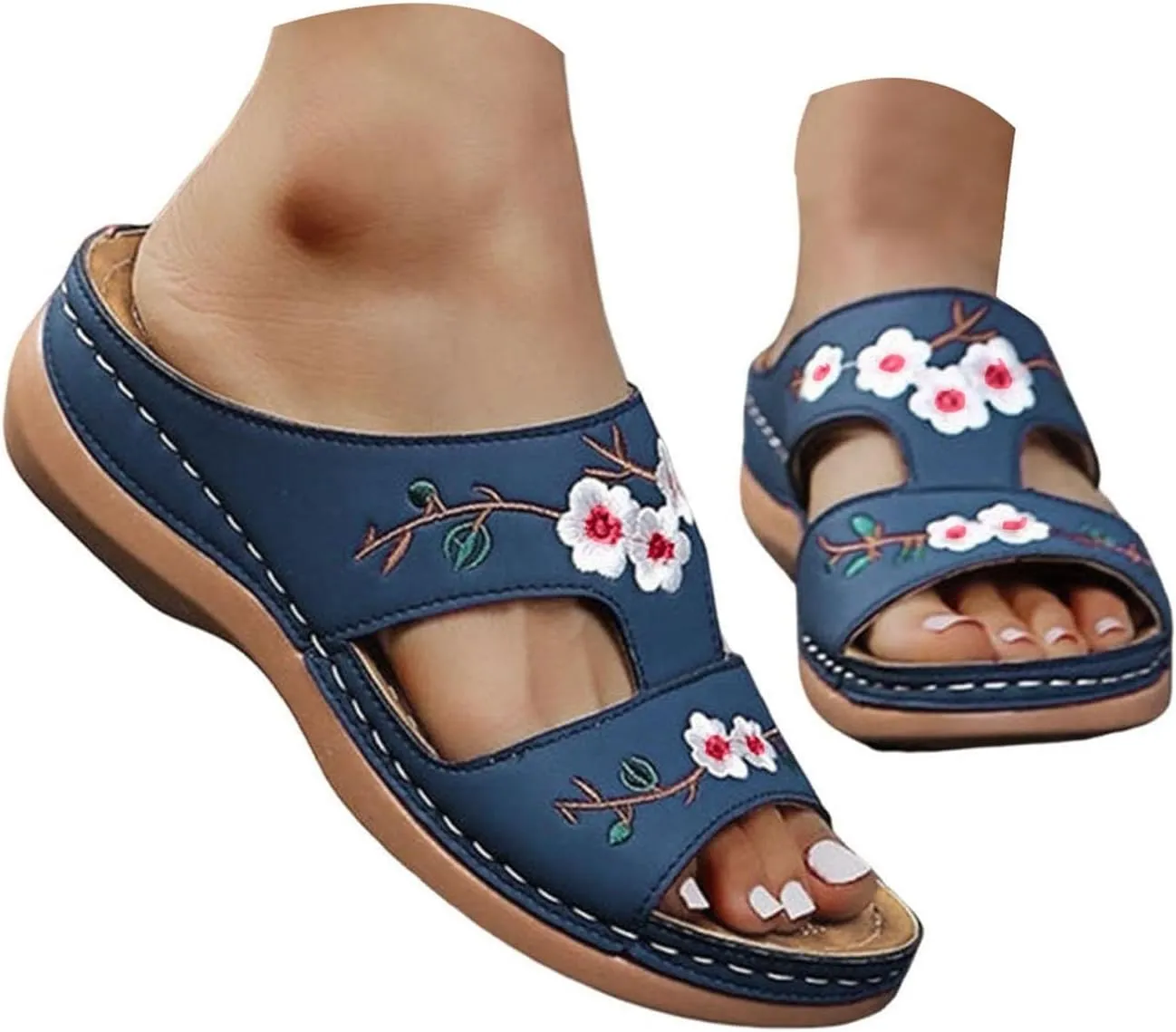 2025 Arch Support Sandals for Women Fashion Cute Flower Embroidery Slip-On Vacation Slippers Comfortable Dressy Party Dance Wedge Heel Walking Footwear Summer Breathable Open Toe Orthopedic Shoe