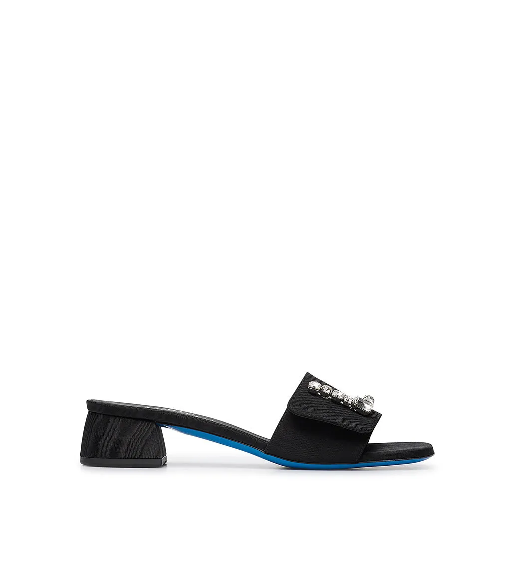 Black moiré fabric jewel mules