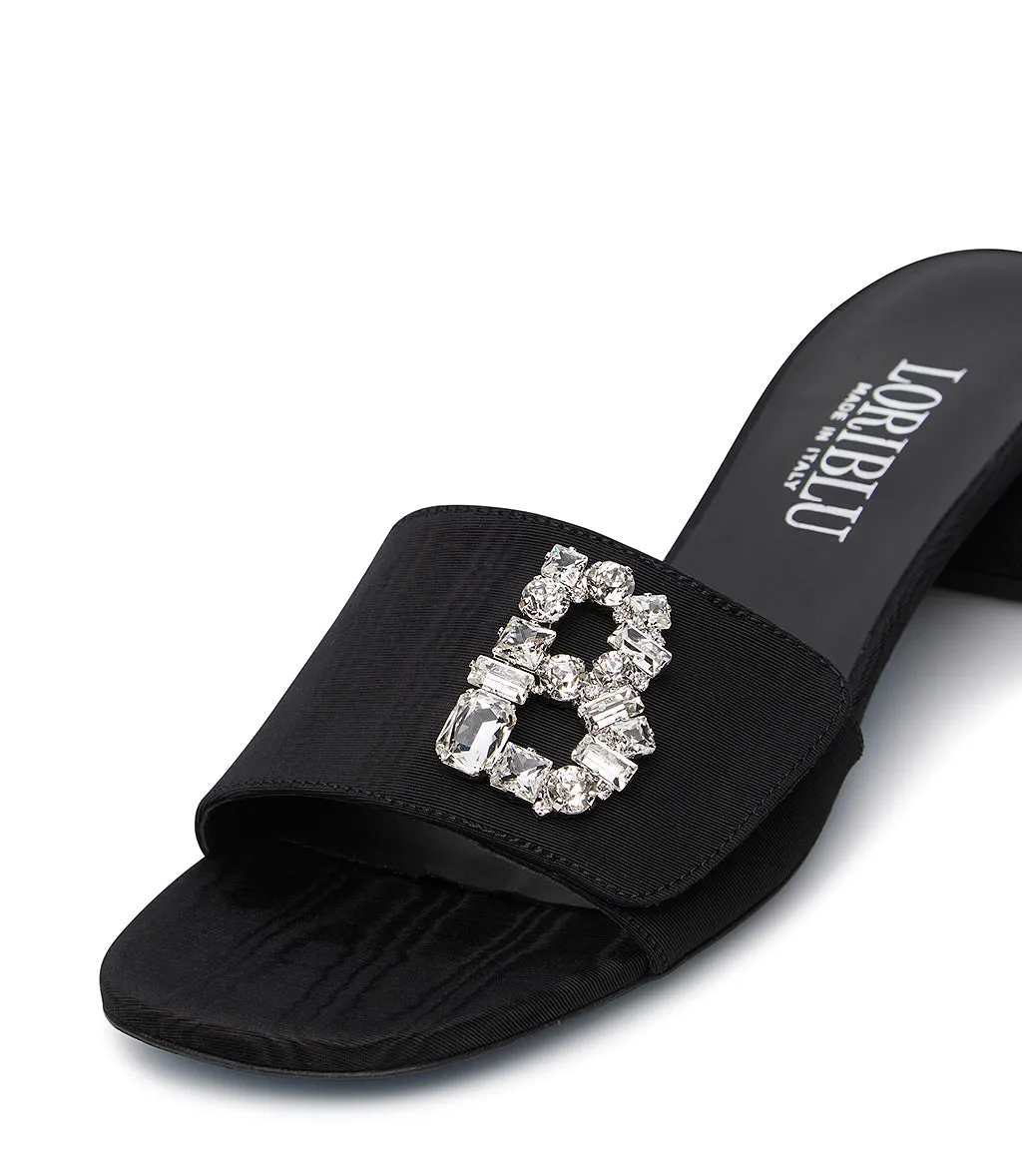 Black moiré fabric jewel mules