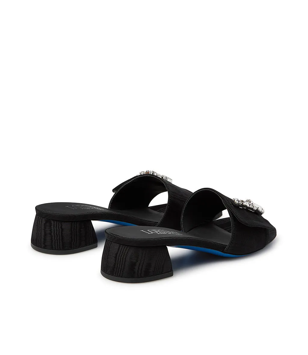 Black moiré fabric jewel mules