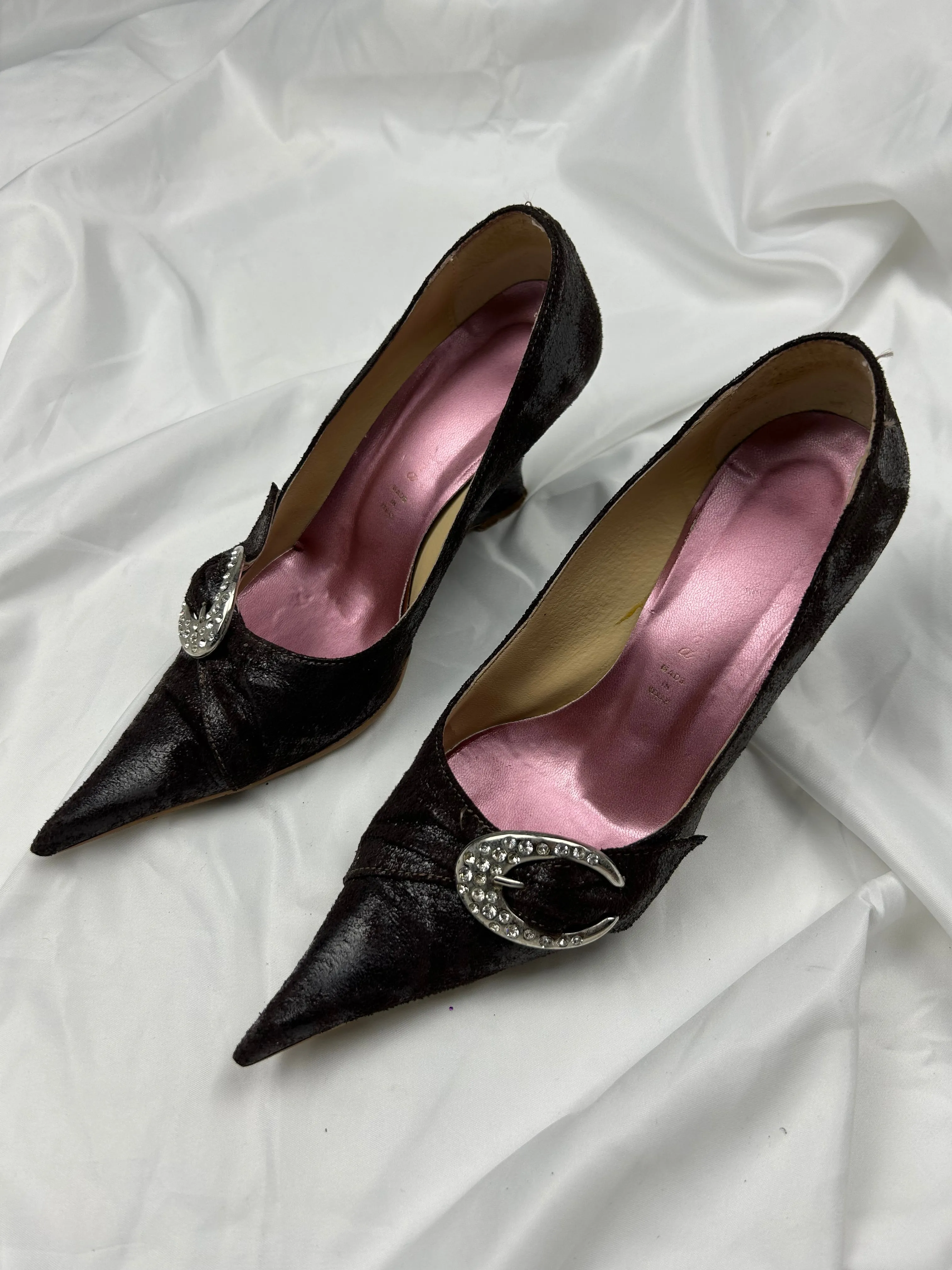 Brown strass buckle pointed toes platform shoes (36)