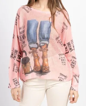 C5132 Pink Fashion Summer Knit Printed Sweater LOOWIE
