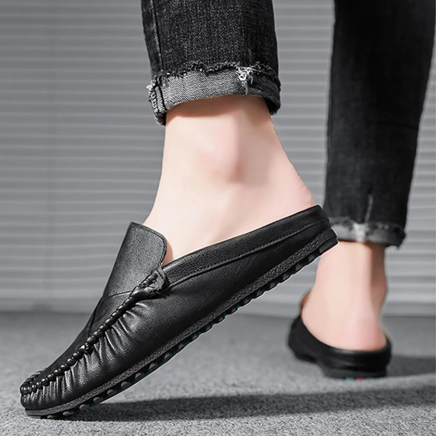 Crepuscute Men's Leather Causal Mules Lightweight Comfortable Slip On Casual Loafers Outdoor Fashion Business Dress Moccasins Driving Shoes