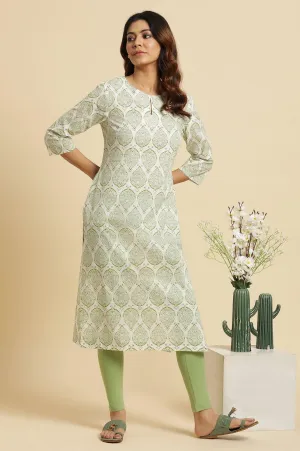 Ecru Straight Cotton Kurta In Green Paisley Print