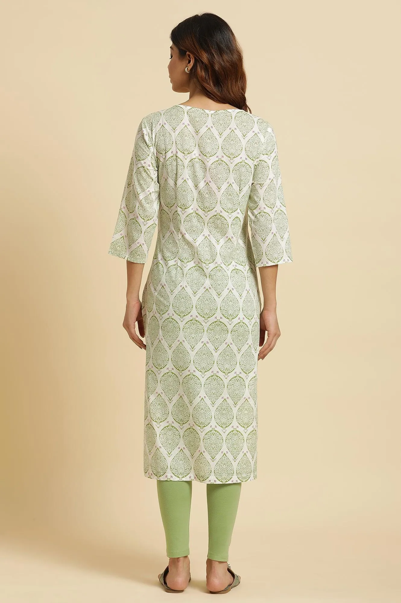 Ecru Straight Cotton Kurta In Green Paisley Print