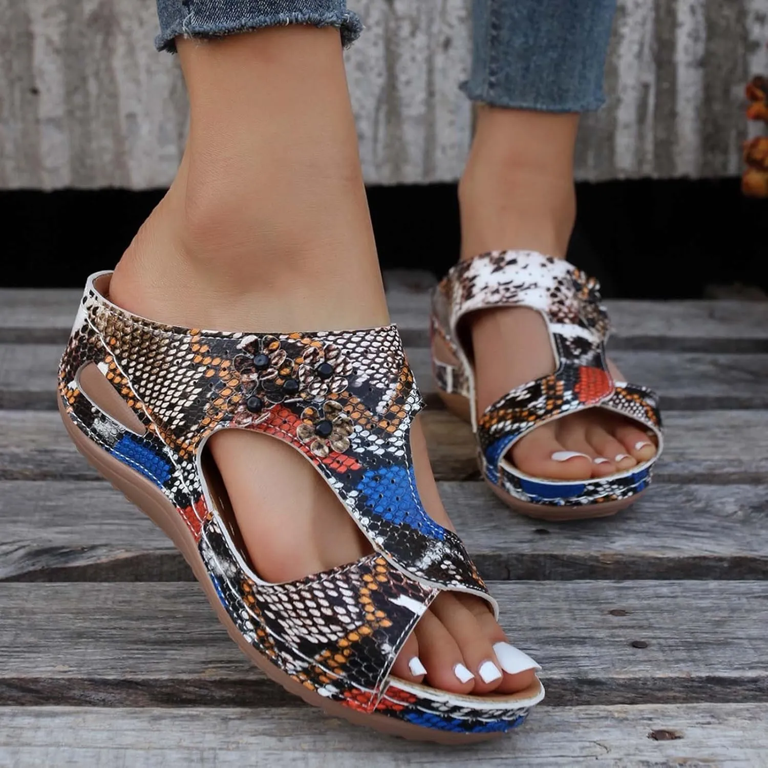 Eduavar Womens Sandals Dressy, Sandals Women Floral Leopard Print Sandals Peep Toe Wedge Sandals Comfy Slip On Shoes