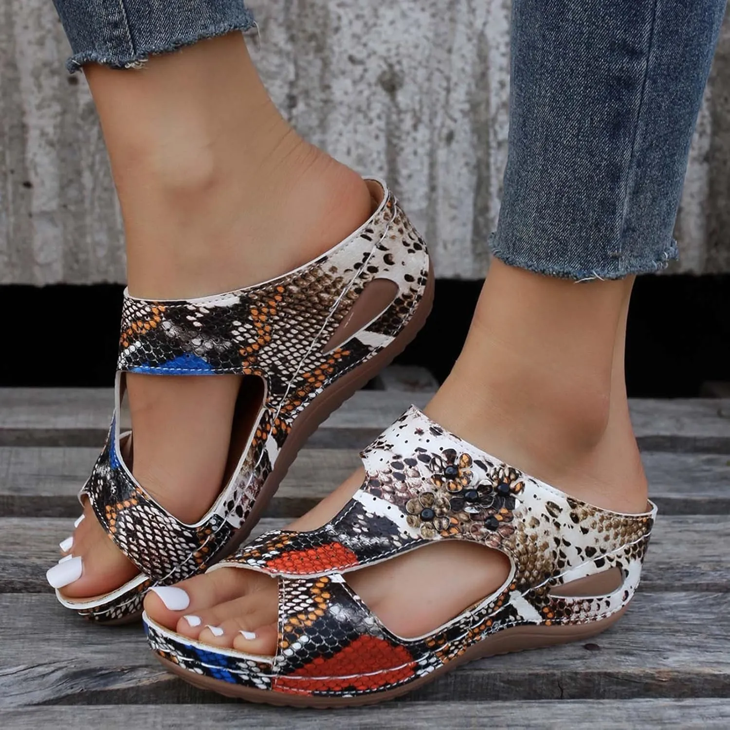 Eduavar Womens Sandals Dressy, Sandals Women Floral Leopard Print Sandals Peep Toe Wedge Sandals Comfy Slip On Shoes