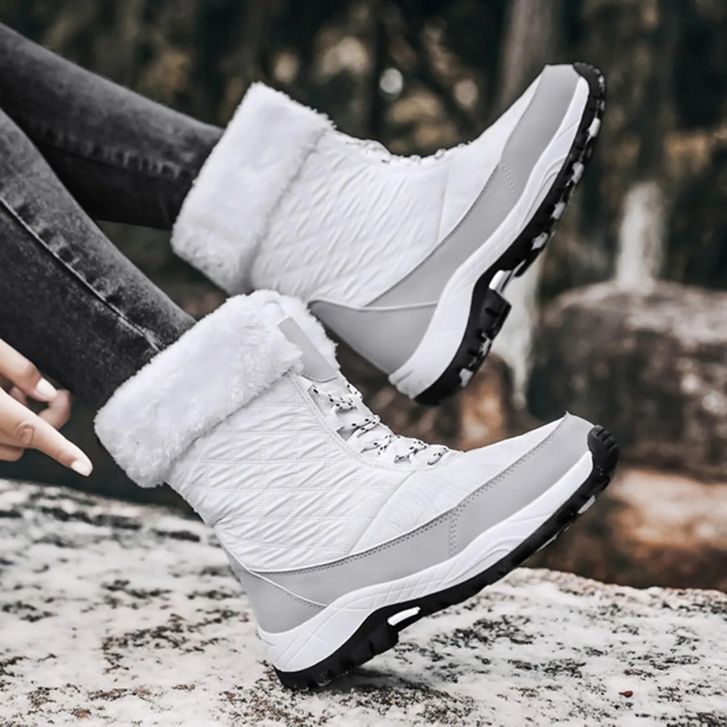 Fur Boots for Women Winter,Casual Trekking Fur Lined Snow Boots for Women Waterproof,Outdoor Cold-Weather Warm Winter Hiking Boots Women,for Walking/Camping