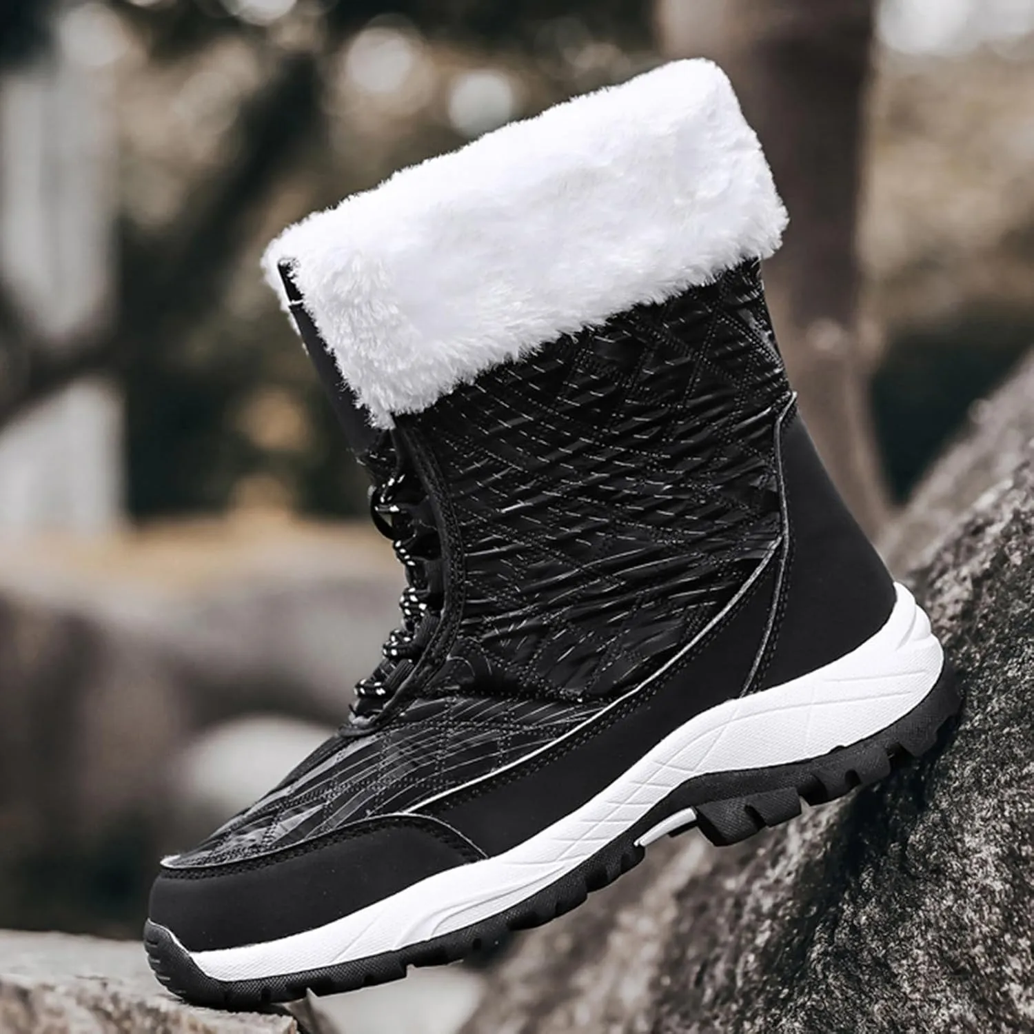 Fur Boots for Women Winter,Casual Trekking Fur Lined Snow Boots for Women Waterproof,Outdoor Cold-Weather Warm Winter Hiking Boots Women,for Walking/Camping