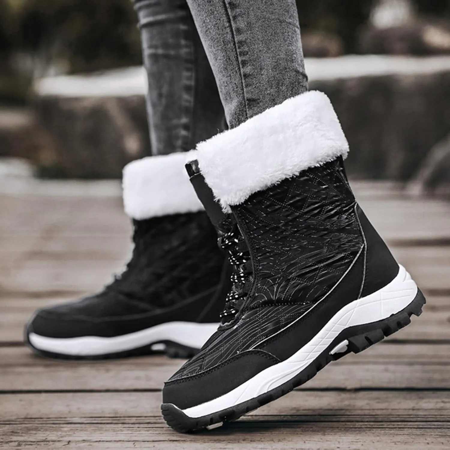 Fur Boots for Women Winter,Casual Trekking Fur Lined Snow Boots for Women Waterproof,Outdoor Cold-Weather Warm Winter Hiking Boots Women,for Walking/Camping