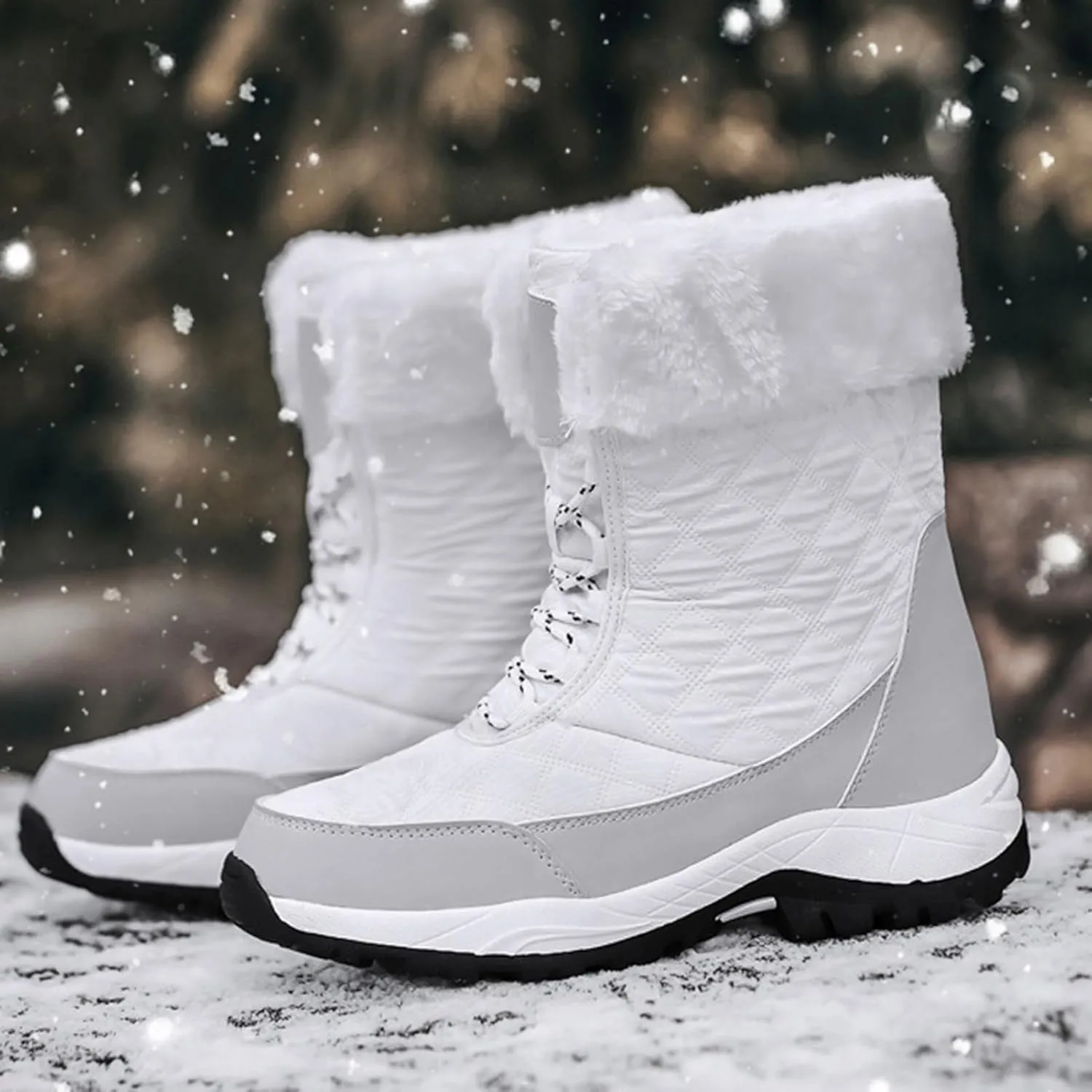 Fur Boots for Women Winter,Casual Trekking Fur Lined Snow Boots for Women Waterproof,Outdoor Cold-Weather Warm Winter Hiking Boots Women,for Walking/Camping