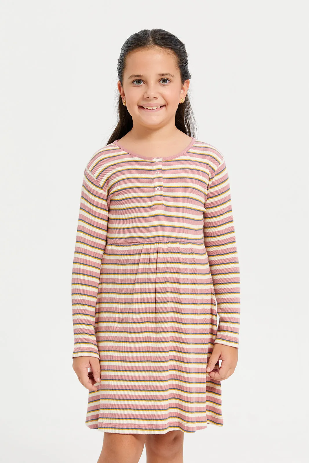 Girls Pink And White Striped Dress Set (Pack of 2)