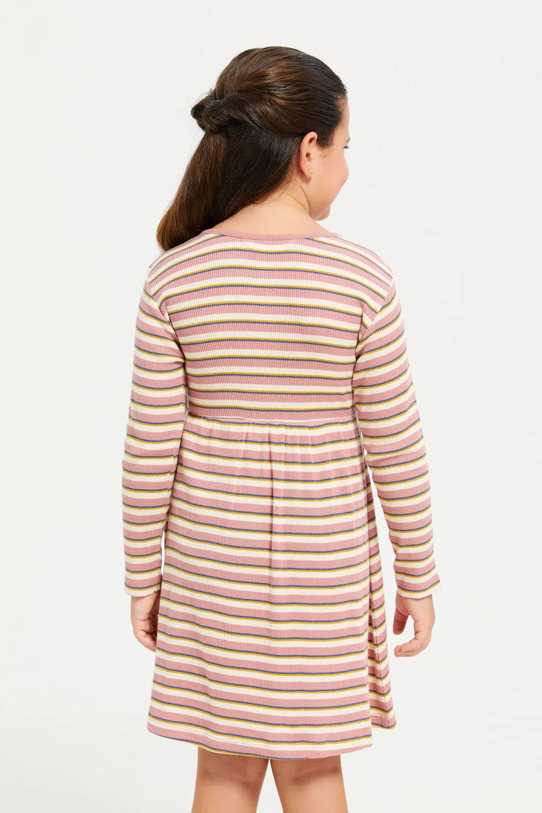 Girls Pink And White Striped Dress Set (Pack of 2)