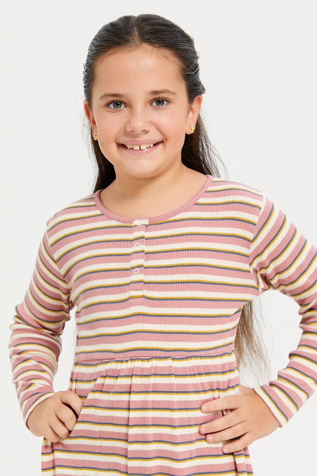 Girls Pink And White Striped Dress Set (Pack of 2)