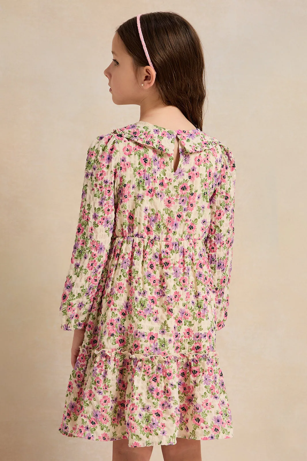 Girls White Floral Tired Woven Dress