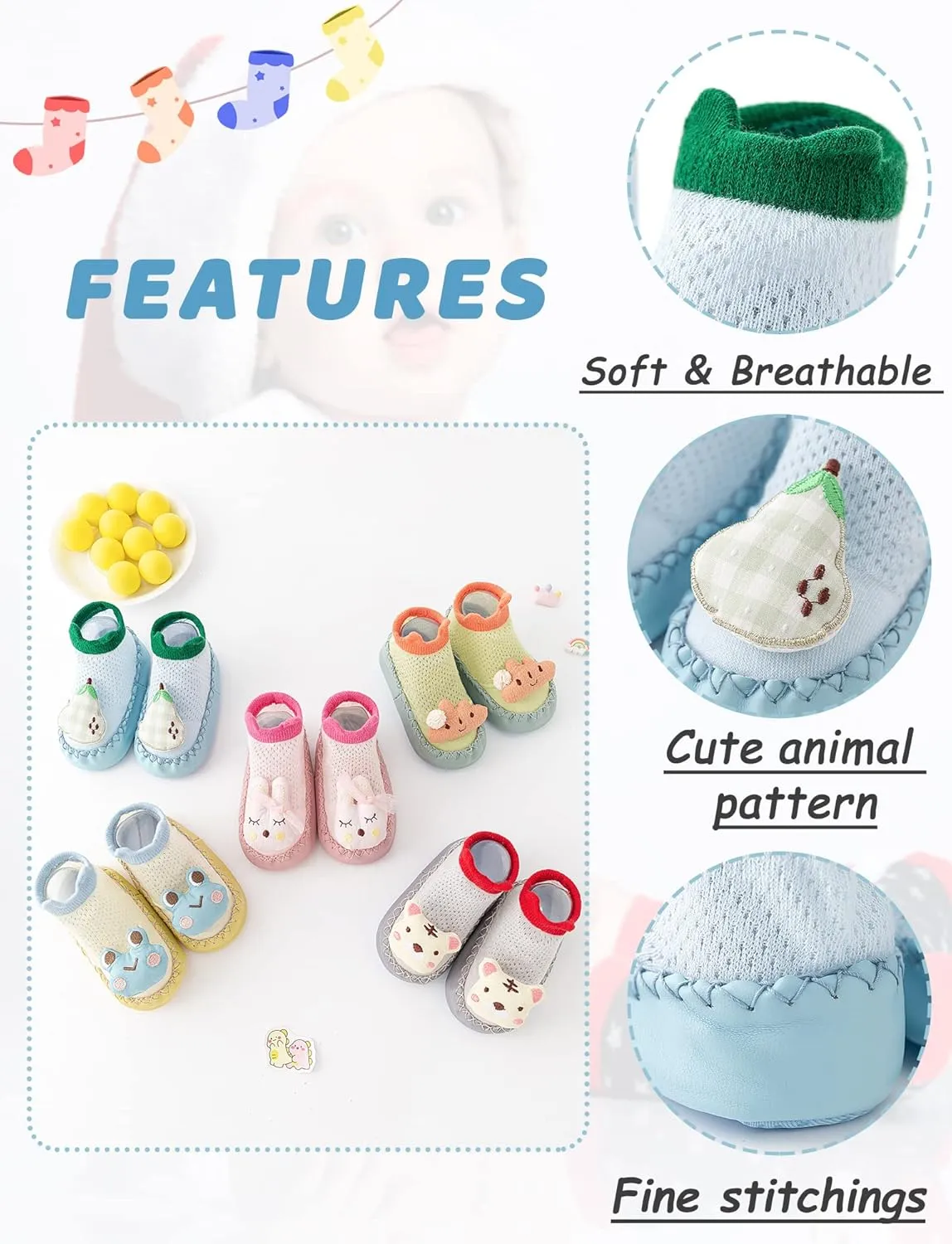Happy Cherry 3 Pairs Baby Cotton Shoes Socks Anti-slip Cartoon Socks Toddlers Animal Indoor Slipper Summer Shoes Socks