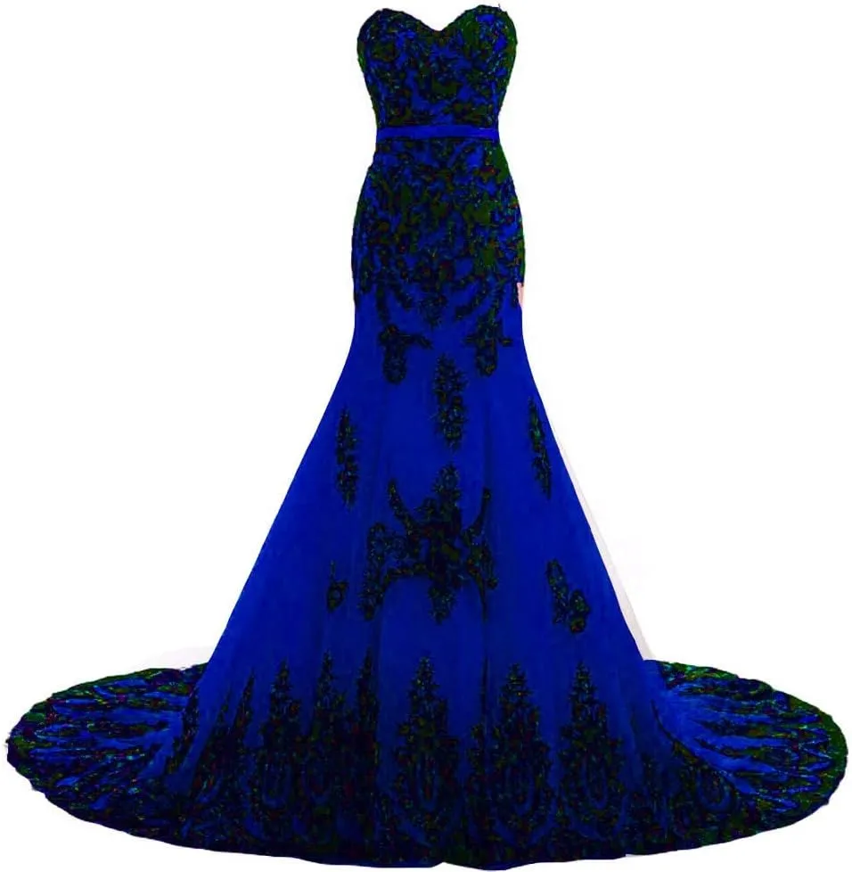 Kivary Long Mermaid Black Lace Vintage Gothic Prom Dress Wedding Evening Gown