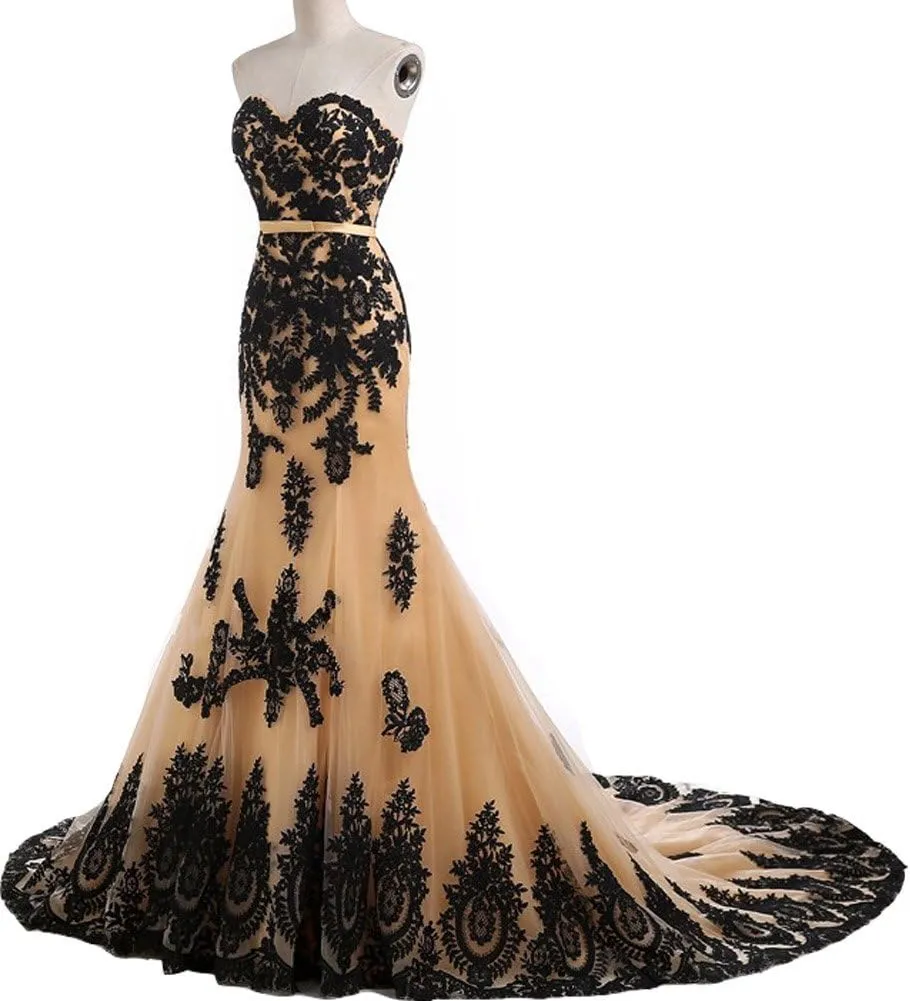 Kivary Long Mermaid Black Lace Vintage Gothic Prom Dress Wedding Evening Gown