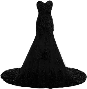Kivary Long Mermaid Black Lace Vintage Gothic Prom Dress Wedding Evening Gown