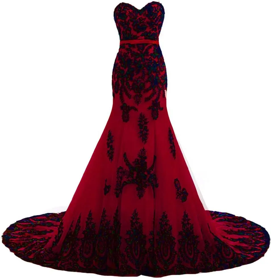 Kivary Long Mermaid Black Lace Vintage Gothic Prom Dress Wedding Evening Gown