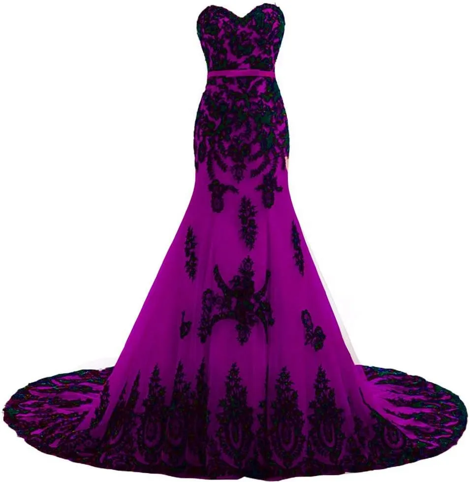 Kivary Long Mermaid Black Lace Vintage Gothic Prom Dress Wedding Evening Gown
