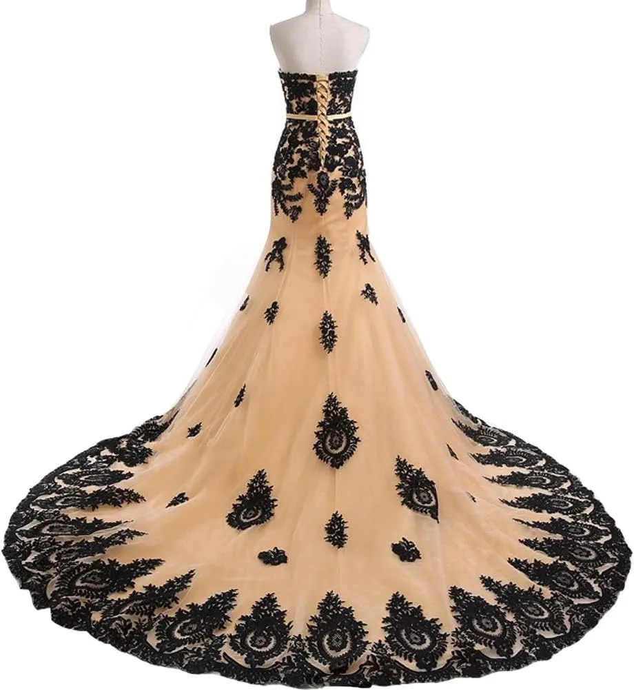 Kivary Long Mermaid Black Lace Vintage Gothic Prom Dress Wedding Evening Gown