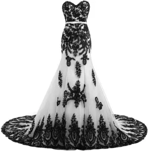 Kivary Long Mermaid Black Lace Vintage Gothic Prom Dress Wedding Evening Gown
