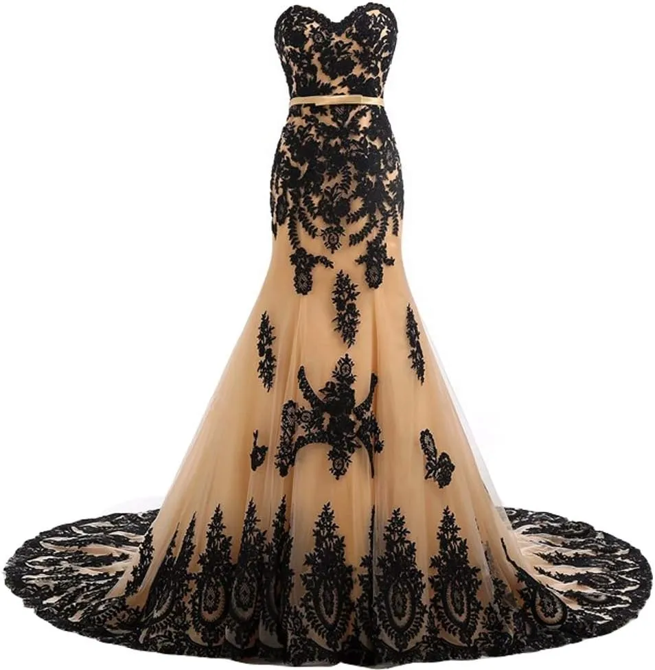 Kivary Long Mermaid Black Lace Vintage Gothic Prom Dress Wedding Evening Gown