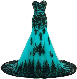 Kivary Long Mermaid Black Lace Vintage Gothic Prom Dress Wedding Evening Gown