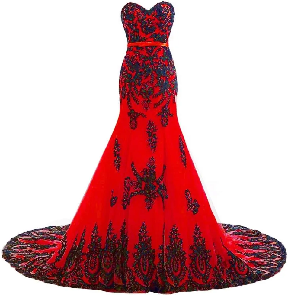 Kivary Long Mermaid Black Lace Vintage Gothic Prom Dress Wedding Evening Gown