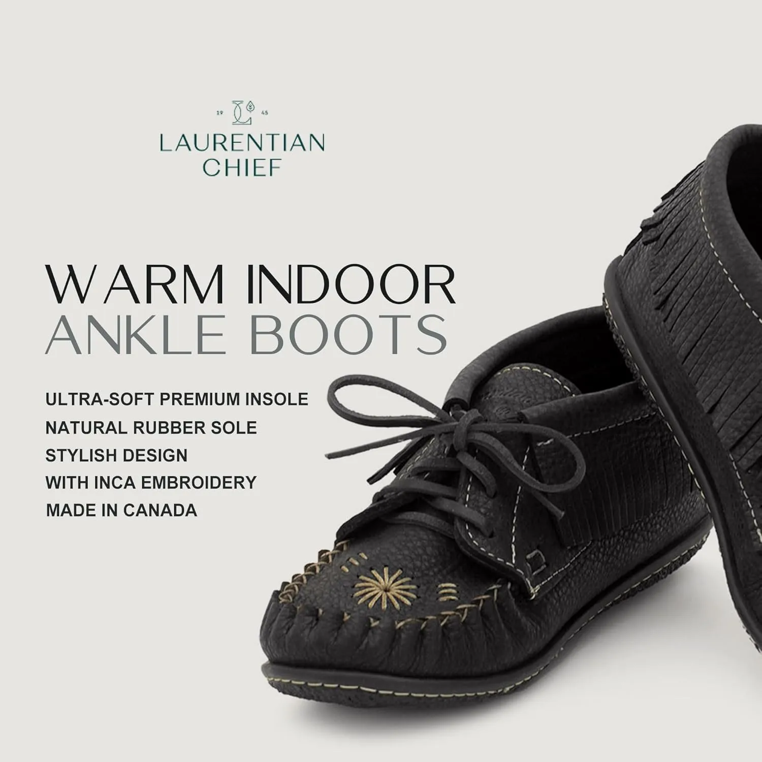Laurentian Chief Moccasins Women Ankle Boot ?C Stylish Ankle Boots with Inca Embroidery, Comfortable Insole, Durable Rubber Sole, Made in Canada