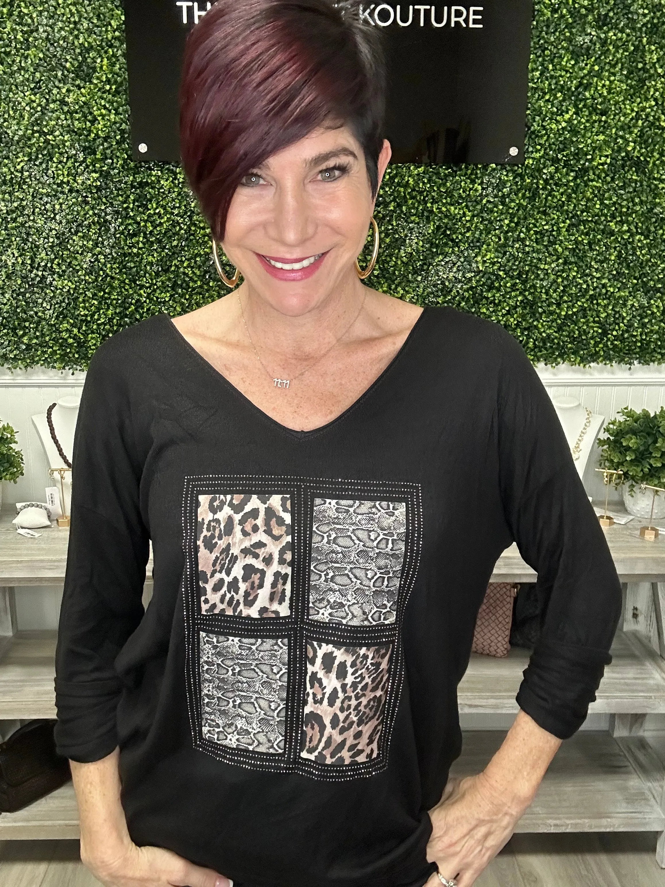 Lightweight Knit Mixed Media Animal Top