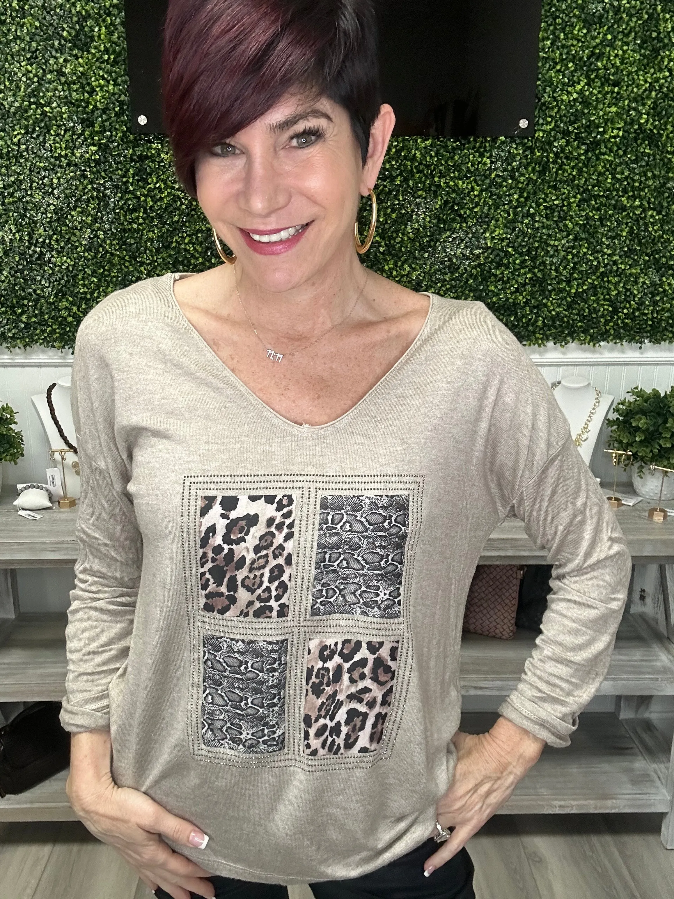 Lightweight Knit Mixed Media Animal Top