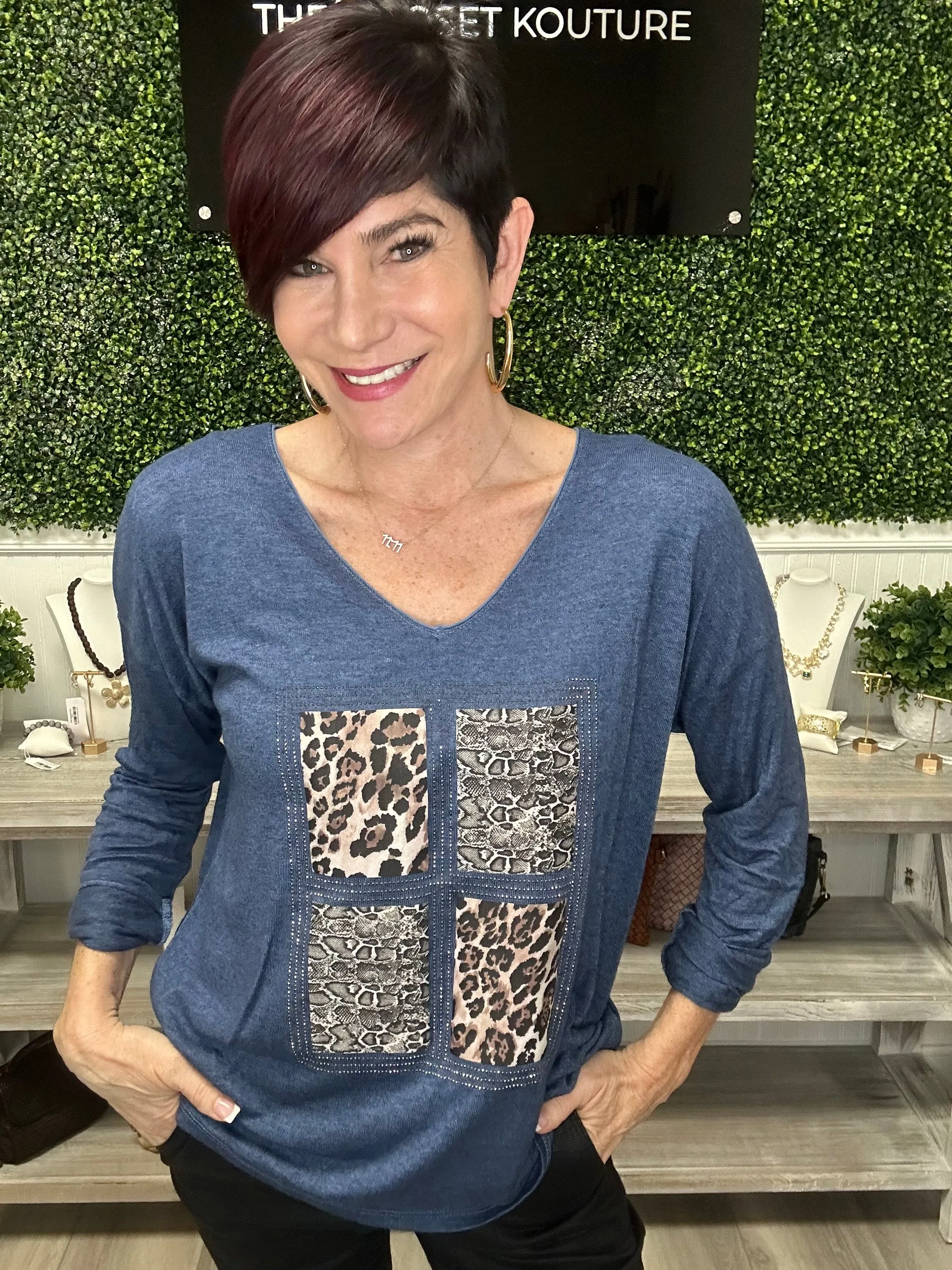 Lightweight Knit Mixed Media Animal Top
