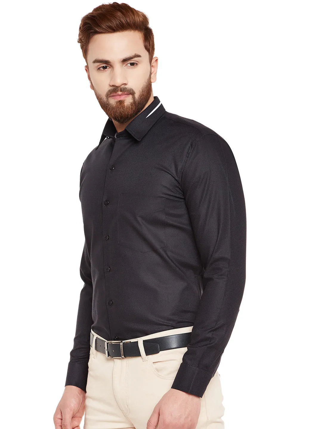 Men Black Self Design Pure Cotton Slim Fit Formal Shirt