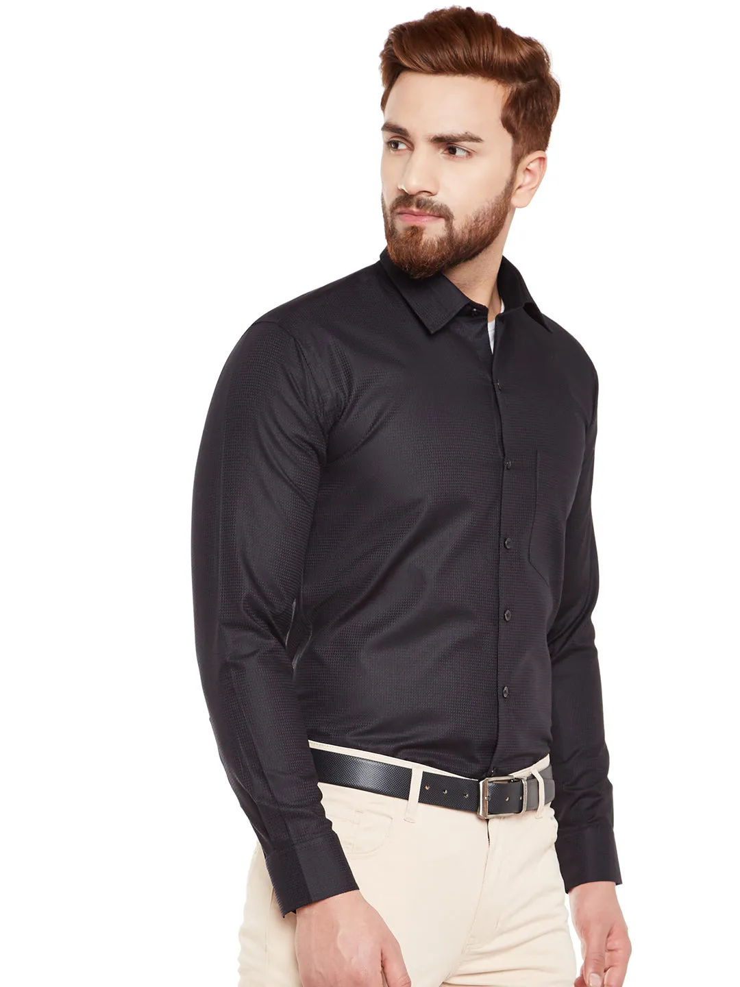 Men Black Self Design Pure Cotton Slim Fit Formal Shirt