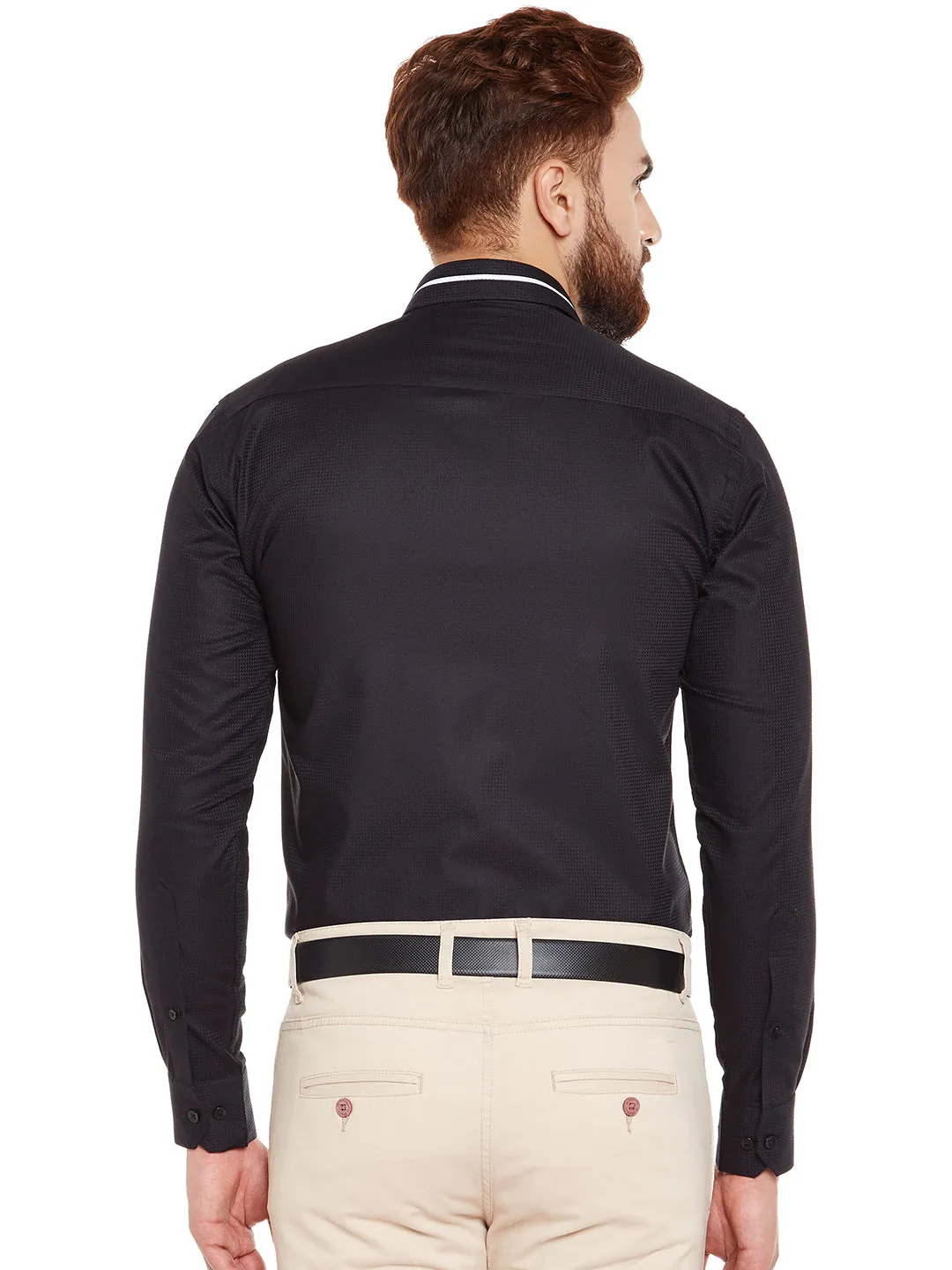 Men Black Self Design Pure Cotton Slim Fit Formal Shirt