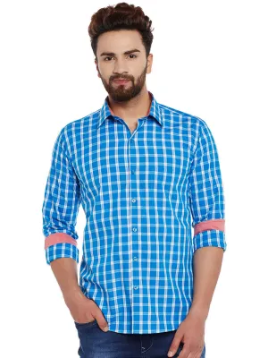 Men Blue Checks  Pure Cotton Slim Fit Casual Shirt