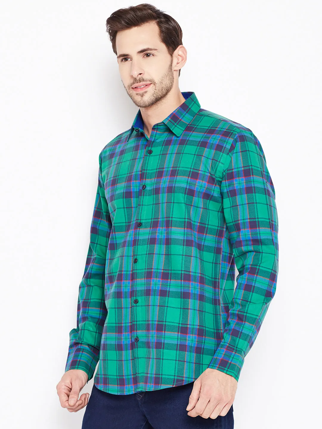 Men Green Checked Pure Cotton Slim Fit Casual Shirt