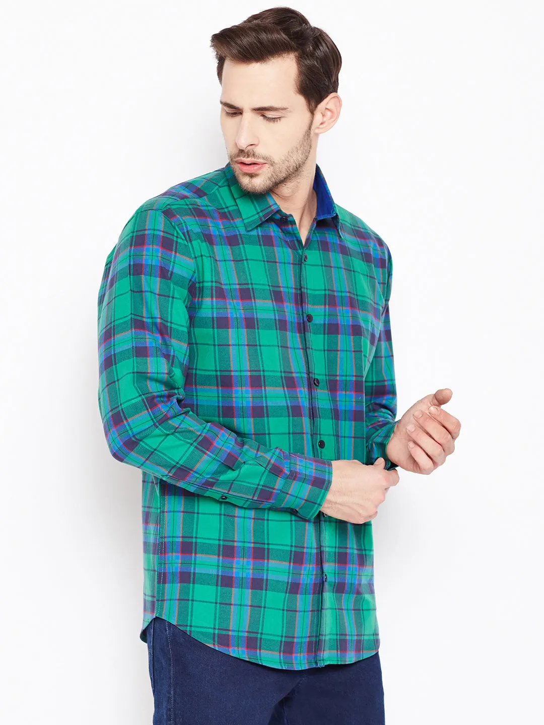 Men Green Checked Pure Cotton Slim Fit Casual Shirt