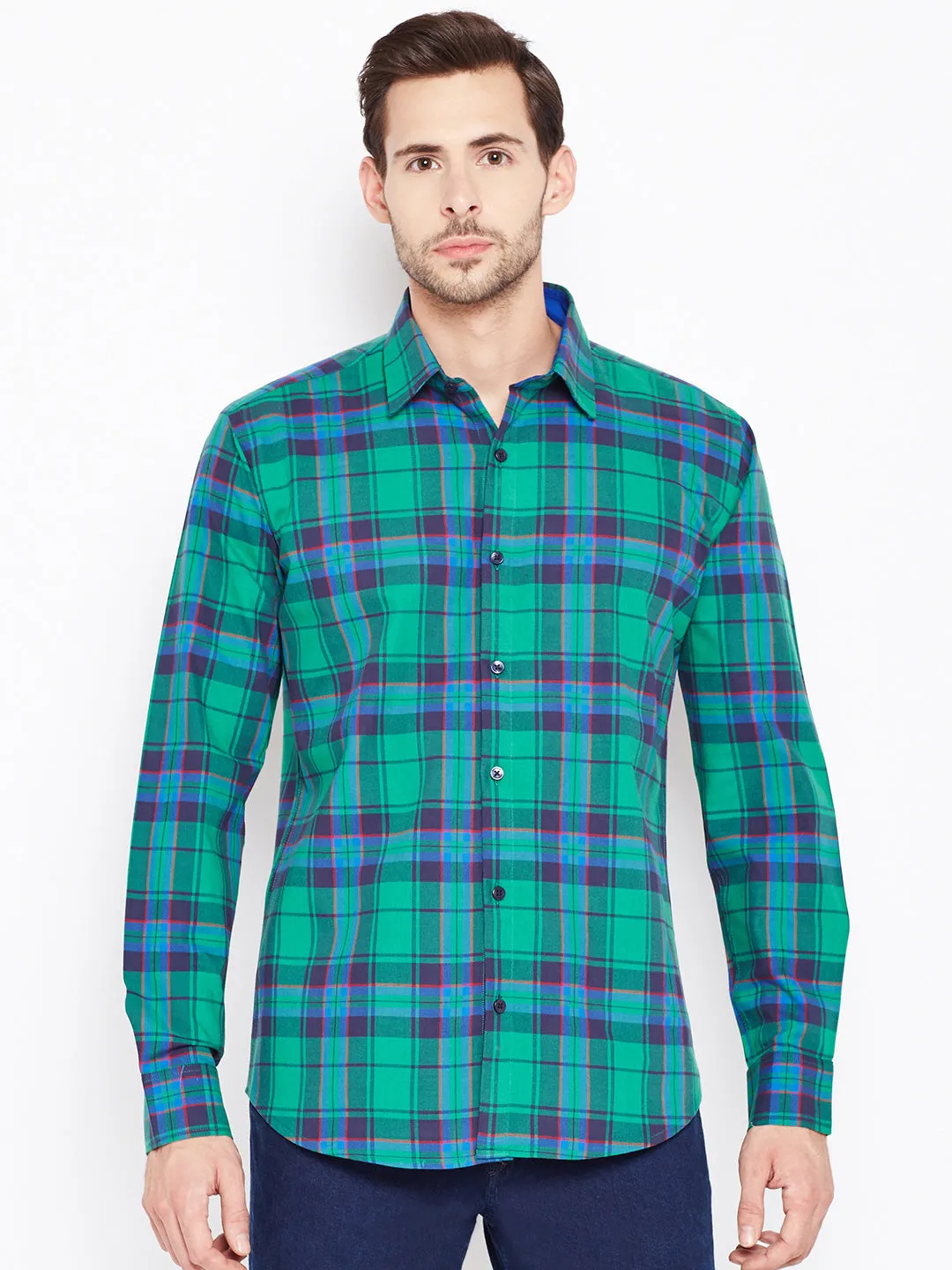 Men Green Checked Pure Cotton Slim Fit Casual Shirt