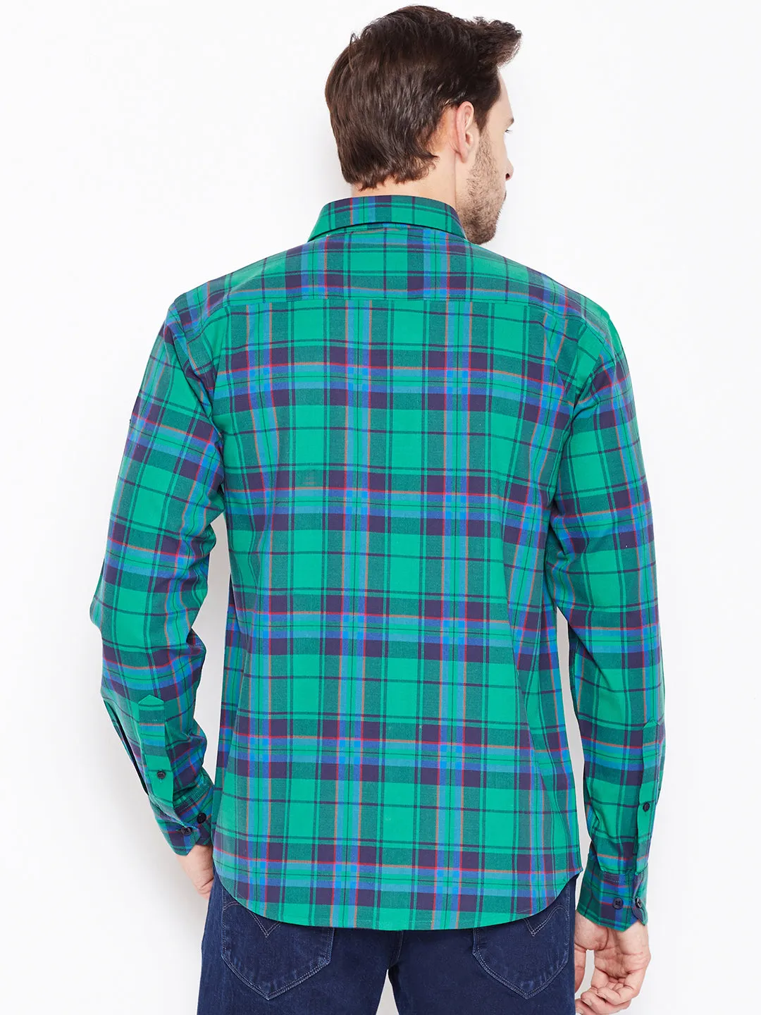 Men Green Checked Pure Cotton Slim Fit Casual Shirt