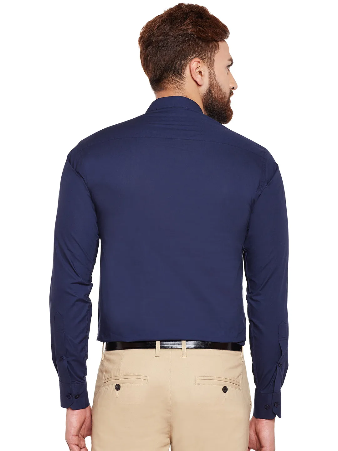 Men Navy Blue Solid Mandarin Collar Pure Cotton Slim Fit Formal Shirt